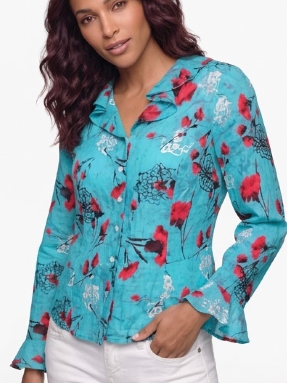 Tess sz 12-Large Silk Artsy Red Poppy Blouse